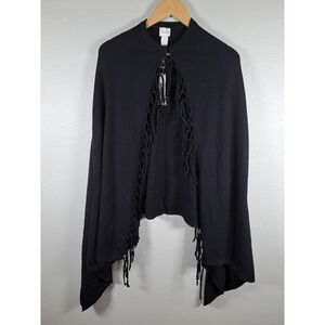 Chicos Mimi Fringe Cape Poncho Black Knit Wrap One Size NEW 570187176